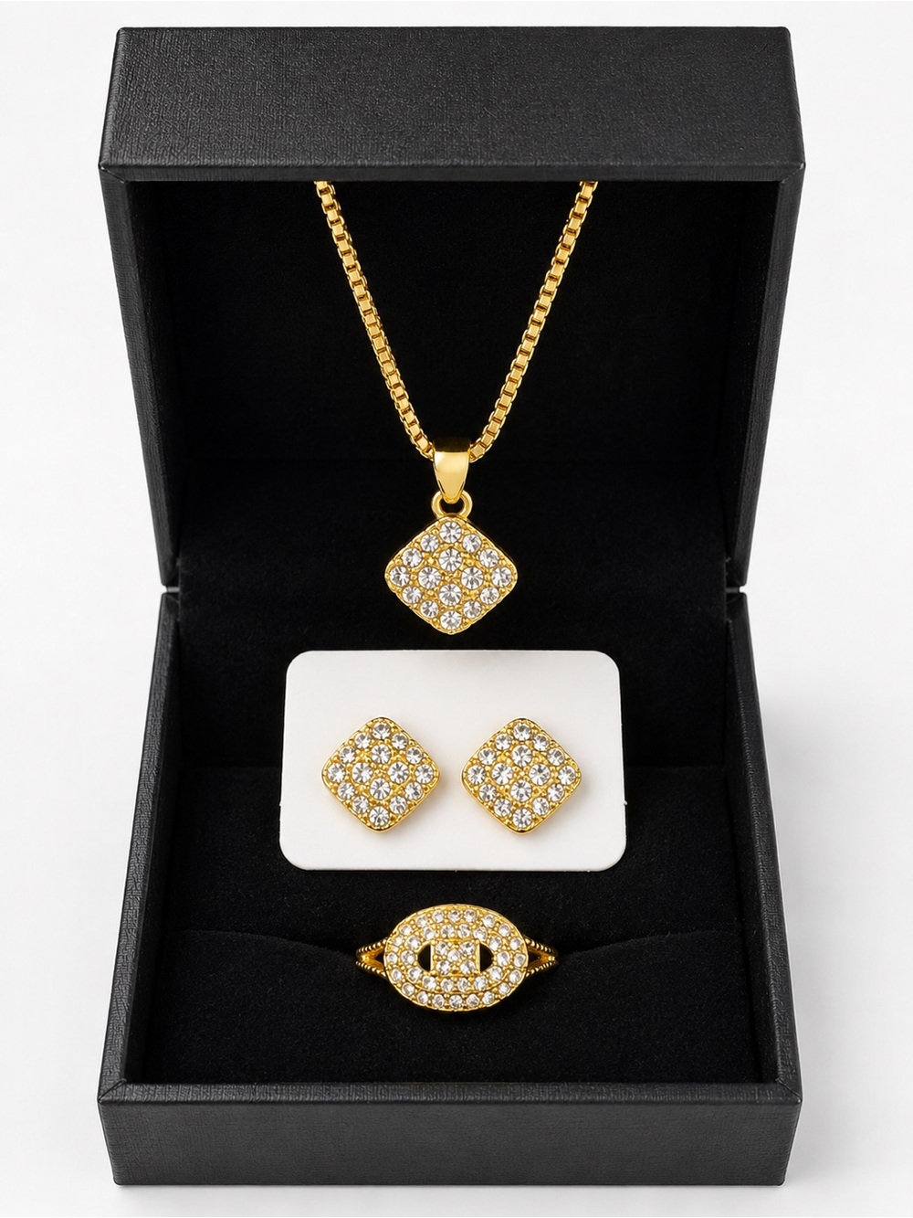 Gold Crystal Pave Necklace, Earrings & Ring Jewelry Set